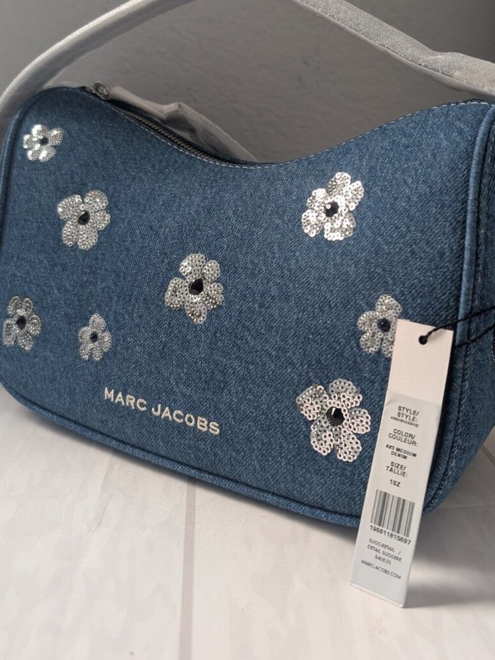 Marc Jacobs Denim Sequin Daisy Structured Convertible Shoulder Bag NWT